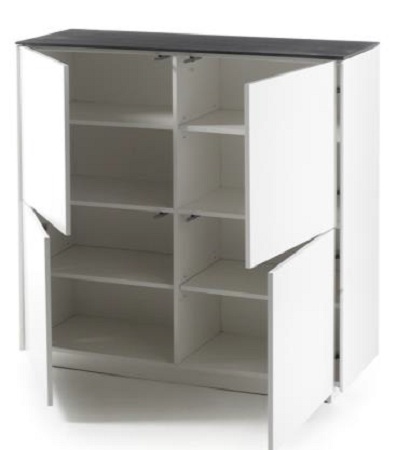 Denzel Highboard In White Matt And Grey Glass Top With 4 Doors