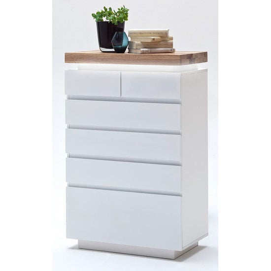 Photo of Romina 6 drawer chest in knotty oak and white matt with led