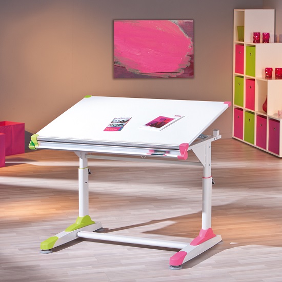 Read more about Dexter children computer desk in white with pink and green alter