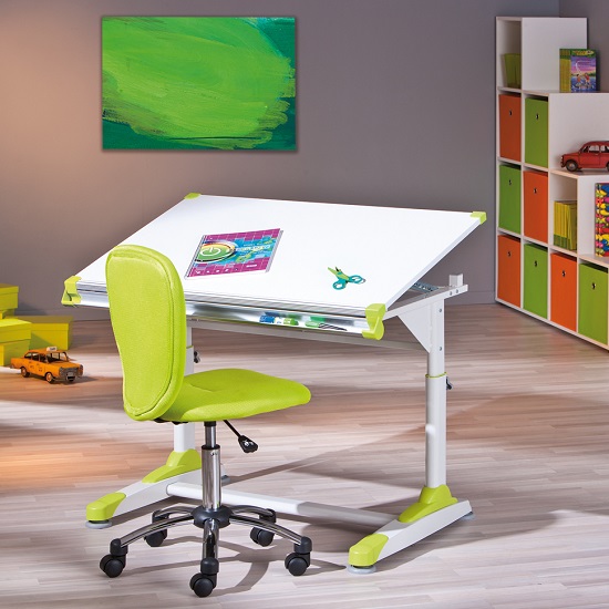 Dexter Children Computer Desk In White With Pink And Green Alter_15