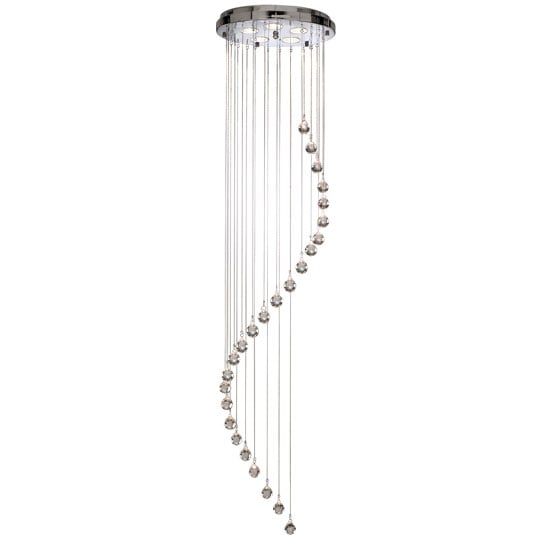 Read more about Chrome 5 light pendant with spiralling chains and crystal balls