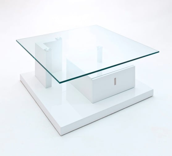 Viola High Gloss White Coffee Table With Glass Top And Drawer