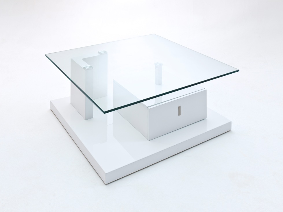 Viola High Gloss White Coffee Table With Glass Top And Drawer