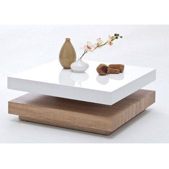 Product photograph of Hugo Rotating Gloss Coffee Table In White And Oak Effect from Furniture in Fashion