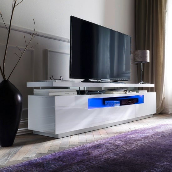 Avelin LCD TV Stand In White Gloss With 3 Drawers And LED ...