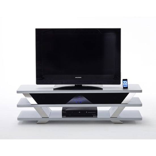 Chevron Lowboard TV Stand In White High Gloss With Chrome