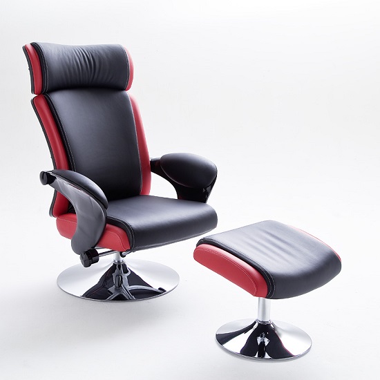 Liam Reclining Chair In Black And Red Faux Leather With Stool_3