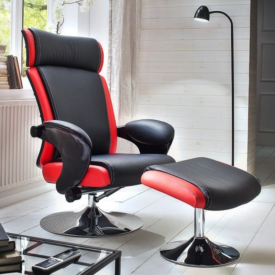 Product photograph of Liam Reclining Chair In Black And Red Faux Leather With Stool from Furniture in Fashion