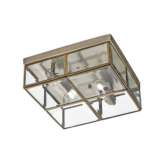 Photo of Flush box antique brass ceiling light with clear bevelled glass