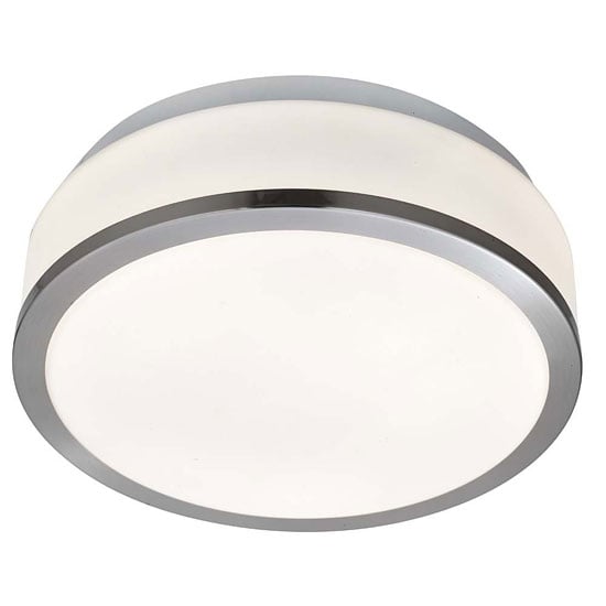 Photo of Bathroom drum shape satin silver ceiling light with opal glass