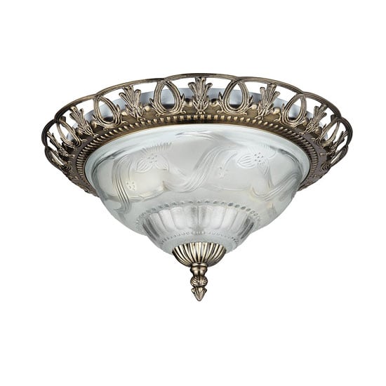 Photo of Antique brass flush ceiling light with clear and frosted glass