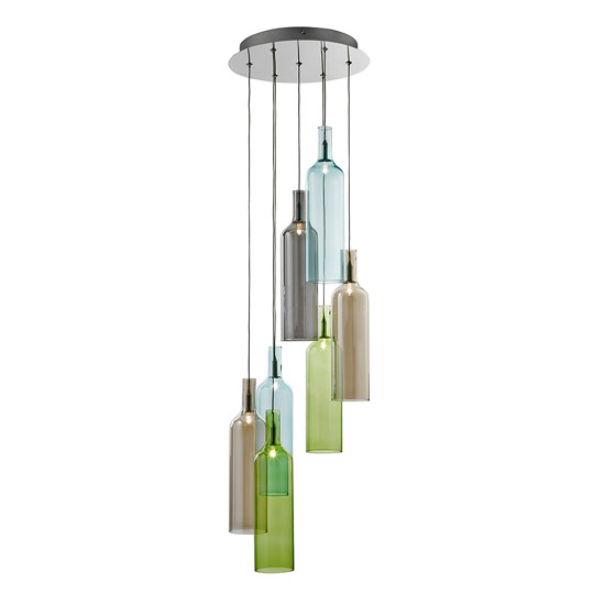 Vibrant 7 Light Multi Coloured Glass Bottle Multi Drop Pendant