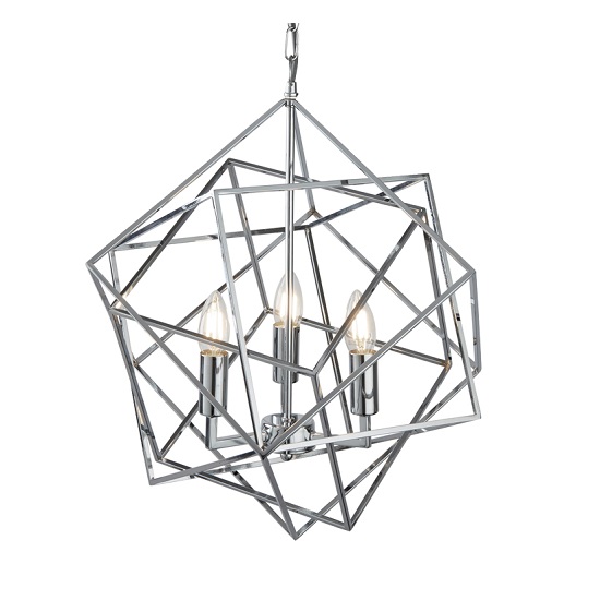 Cube Geometric Frame Three Light Pendant In Chrome Finish