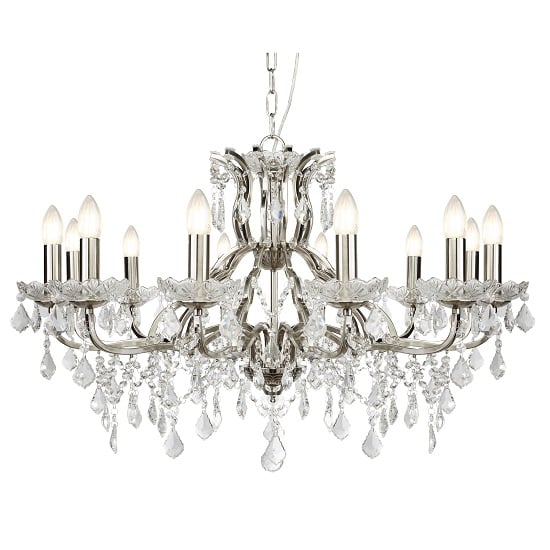 Product photograph of Satin Silver 12 Light Chandelier In Clear Crystal Drops from Furniture in Fashion