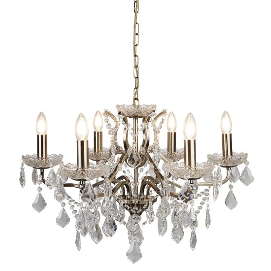 Photo of Antique brass six light chandelier in clear crystal drops