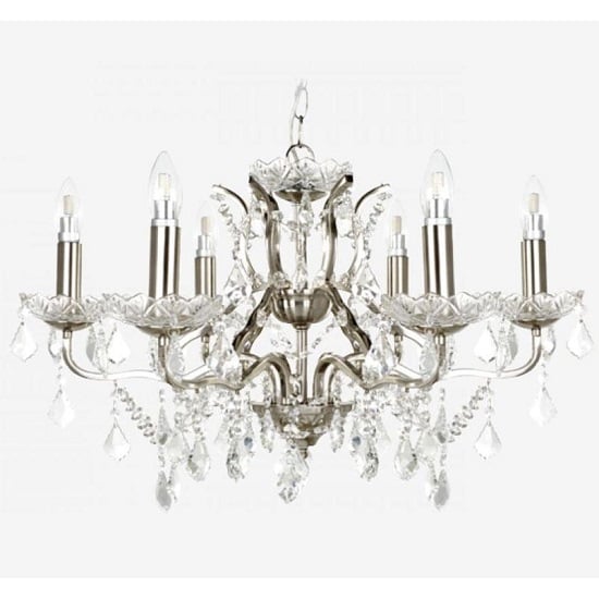 Satin Silver Six Light Chandelier In Clear Crystal Drops