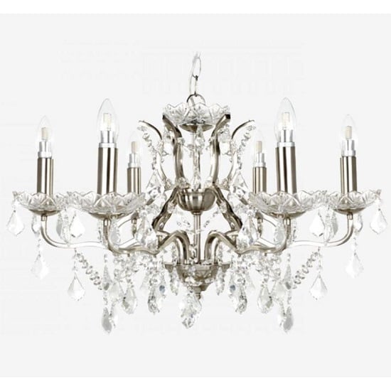 Product photograph of Satin Silver Six Light Chandelier In Clear Crystal Drops from Furniture in Fashion