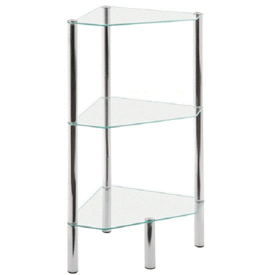 Photo of 3 tier corner display unit in clear glass with chrome legs