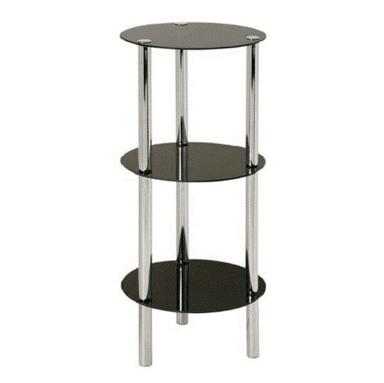 Photo of 3 tier display unit in round black glass with chrome frame