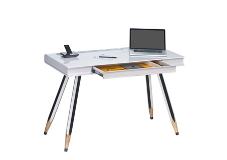 Pencil Desk Computer Desk In White High Gloss With 1 Drawer