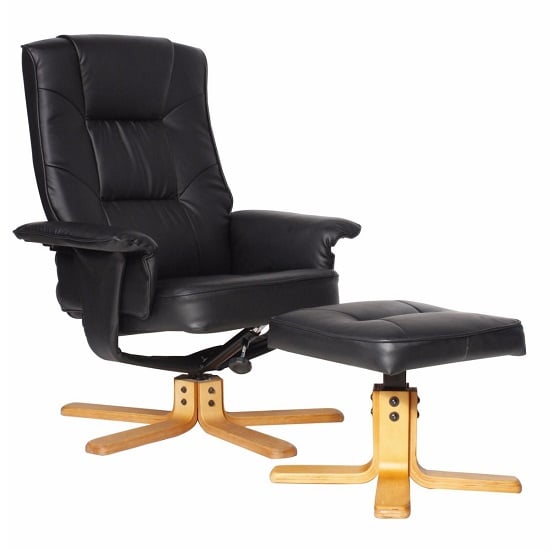 Canzone Recliner Chair In Black Faux Leather With Footstool