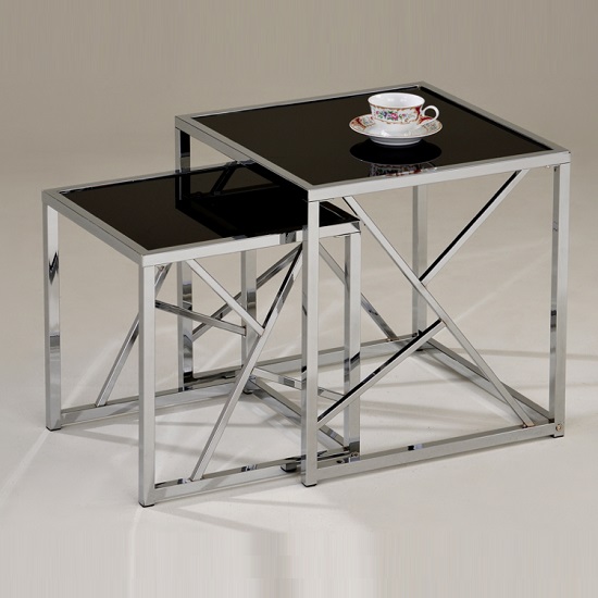 Product photograph of Clifden Glass Nesting Tables In Black With Chrome Frame from Furniture in Fashion