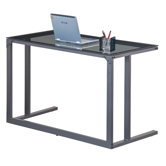 Aswan Glass Computer Desk In Smoked With Black Metal Frame