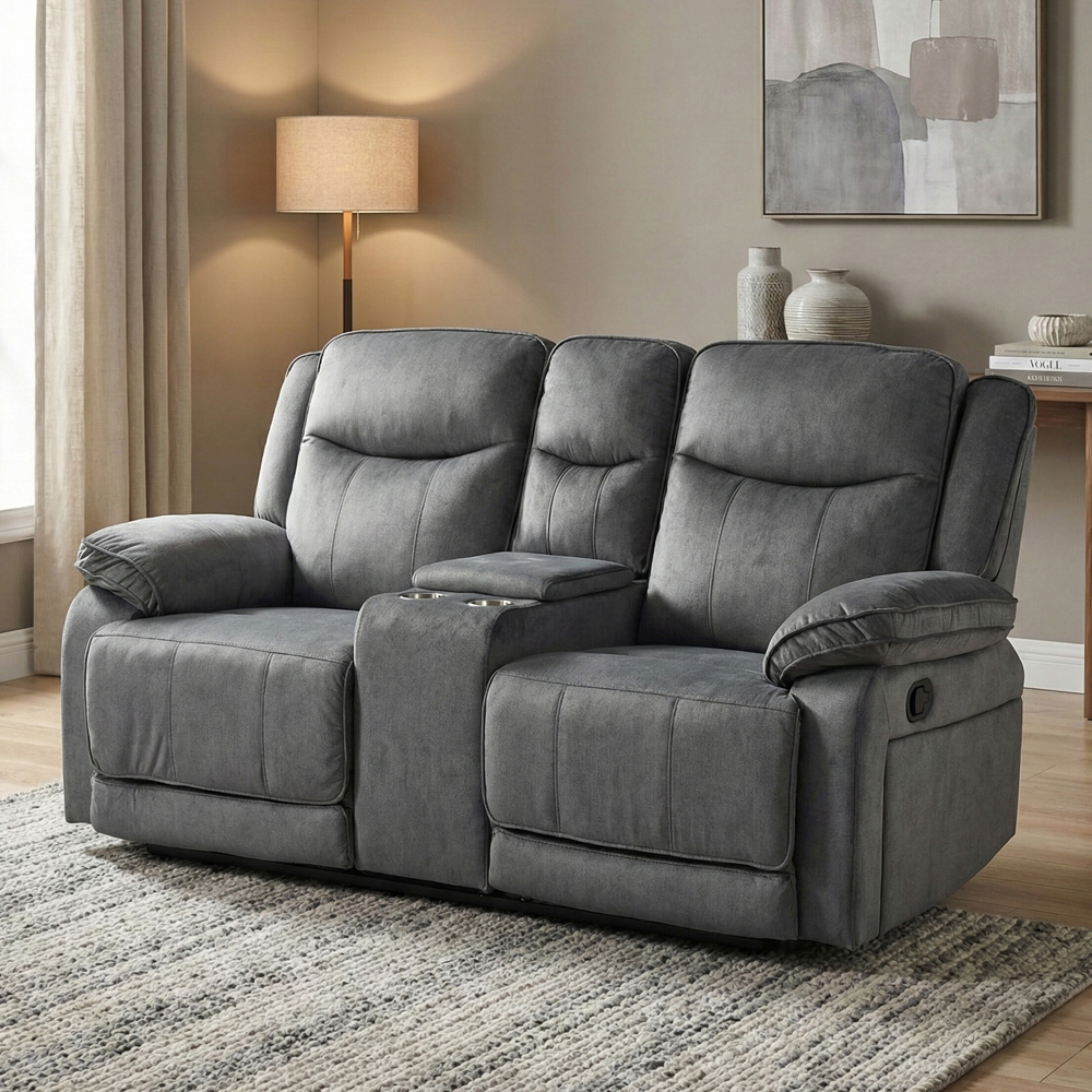 Arvelo Fabric Manual Recliner 2 Seater Sofa with Console in Grey