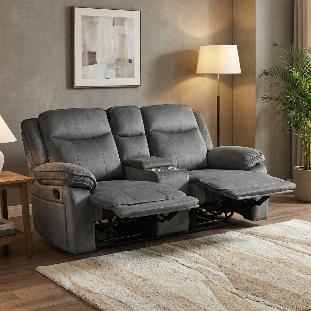 Arvelo Fabric Manual Recliner 2 Seater Sofa with Console in Grey