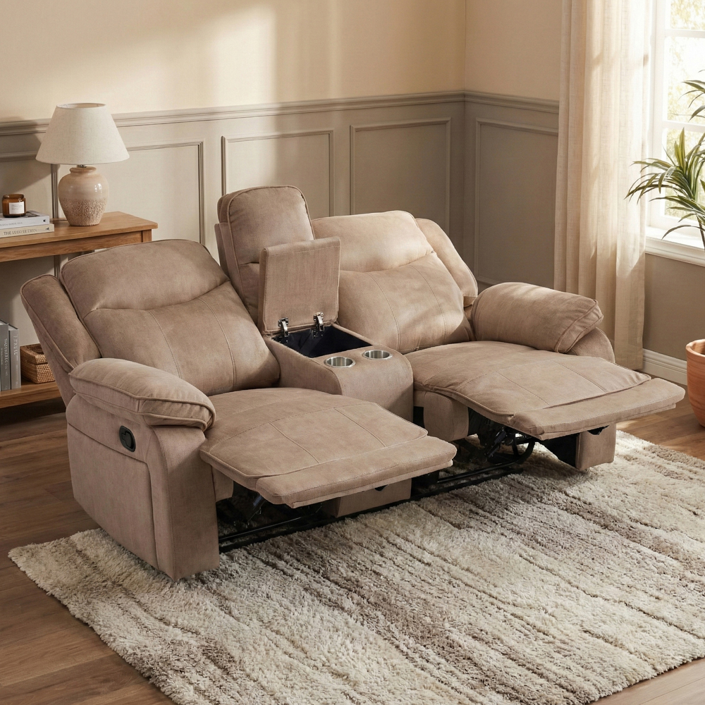 Arvelo Fabric Manual Recliner 2 Seater Sofa with Console in Light Brown