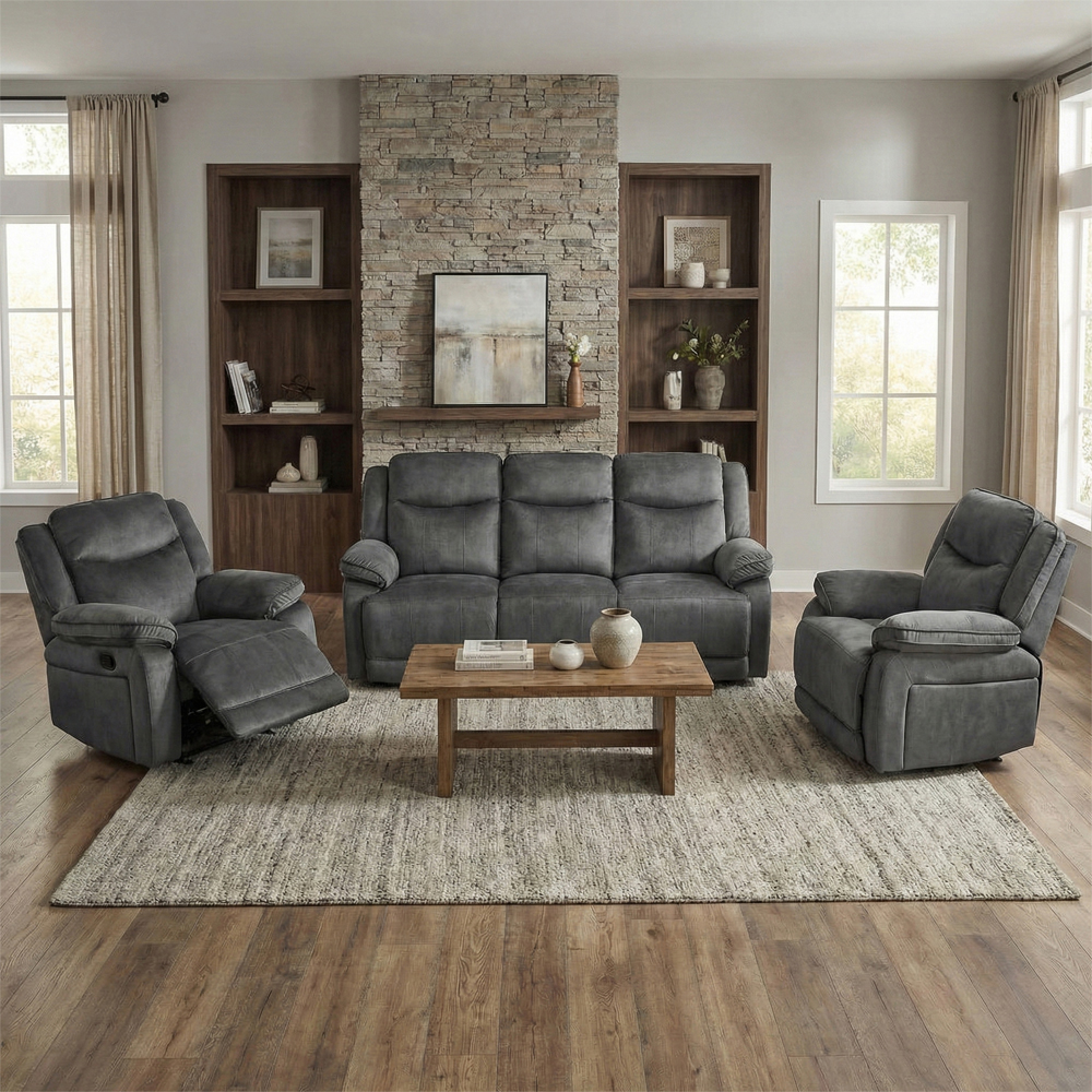 Arvelo Fabric Manual Recliner 3+1+1 Seater Sofa Set in Grey