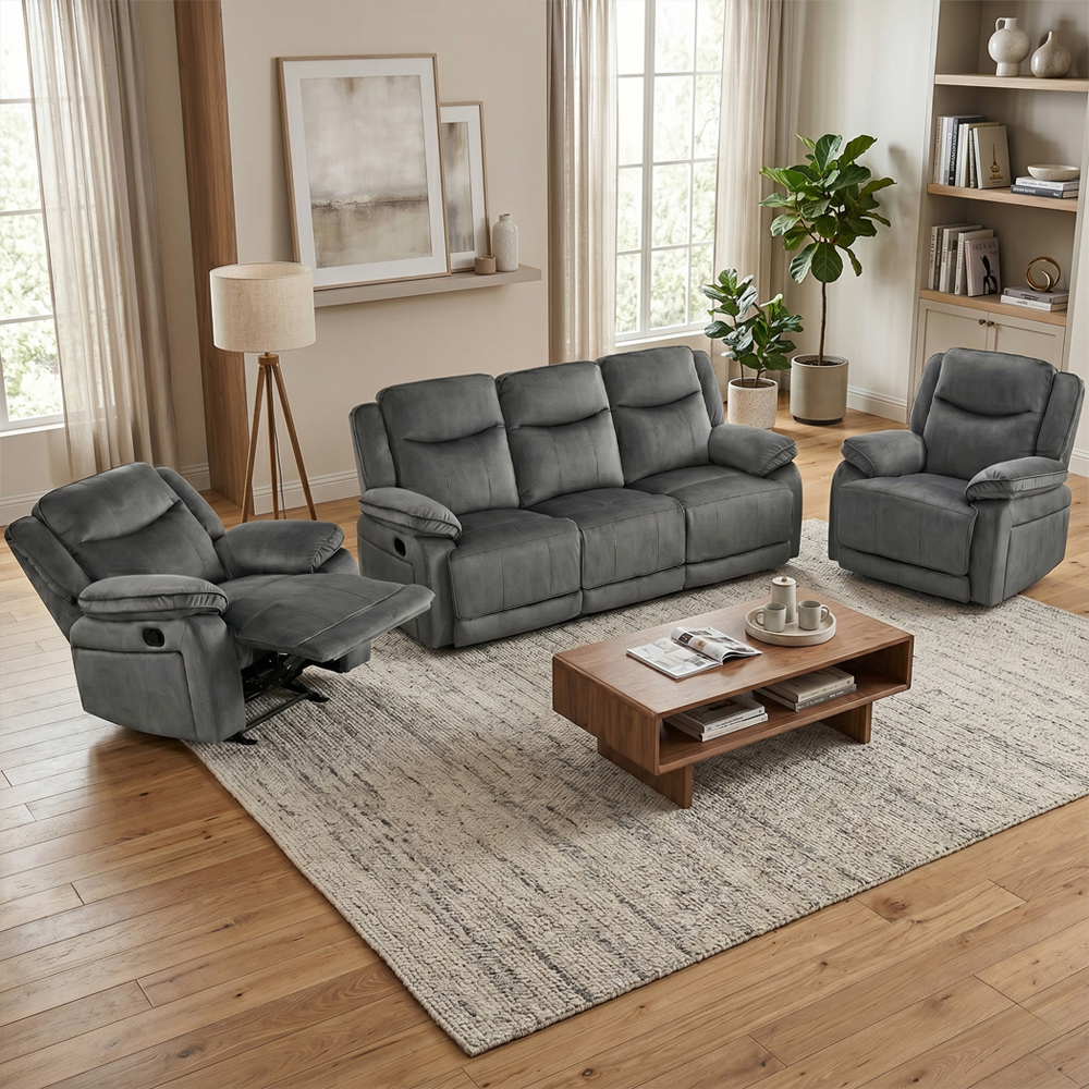 Arvelo Fabric Manual Recliner 3+1+1 Seater Sofa Set in Grey