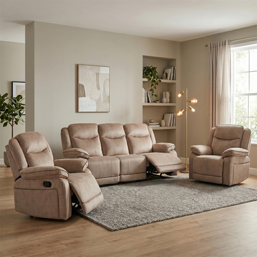 Arvelo Fabric Manual Recliner 3+1+1 Seater Sofa Set in Light Brown
