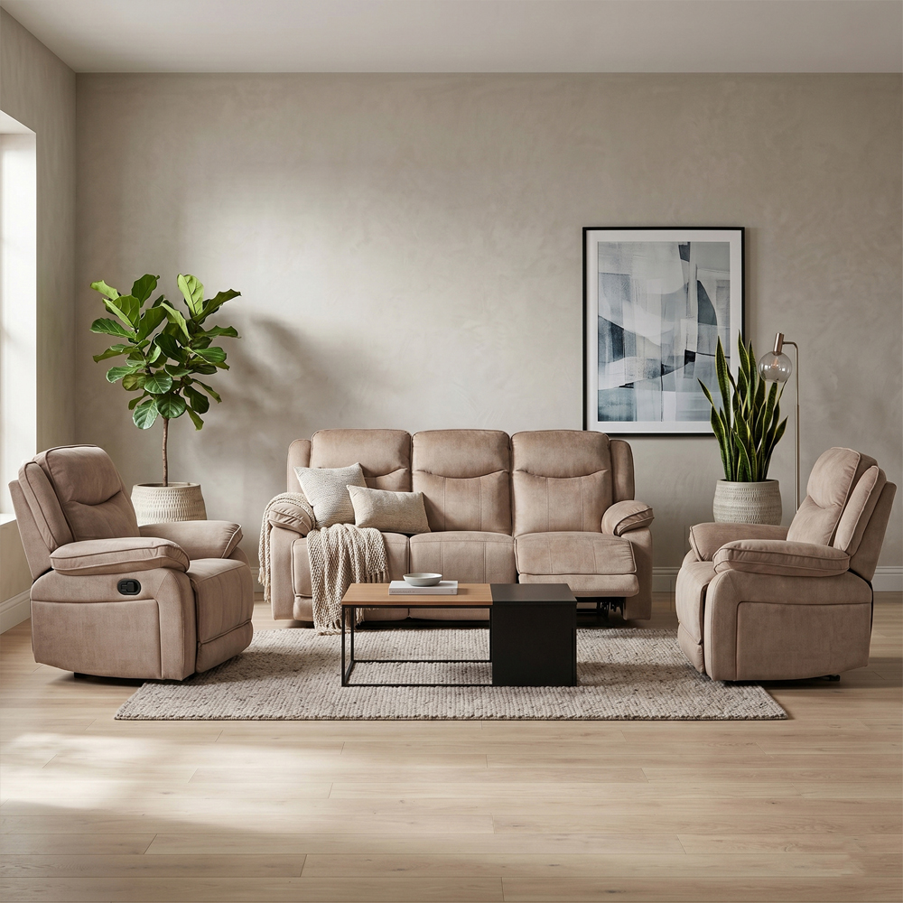 Arvelo Fabric Manual Recliner 3+1+1 Seater Sofa Set in Light Brown