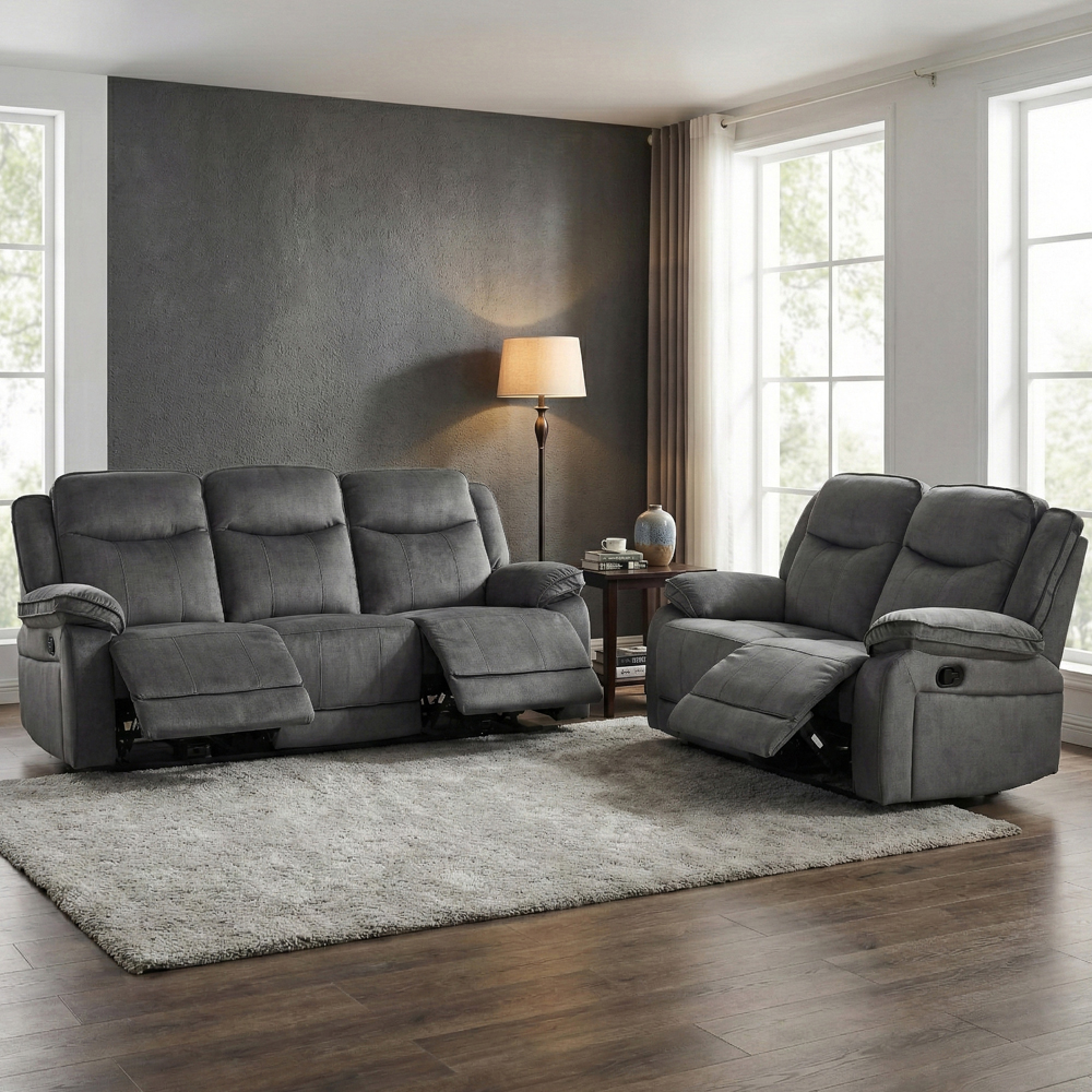 Arvelo Fabric Manual Recliner 3+2 Seater Sofa Set in Grey