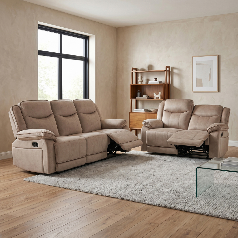 Arvelo Fabric Manual Recliner 3+2 Seater Sofa Set in Light Brown