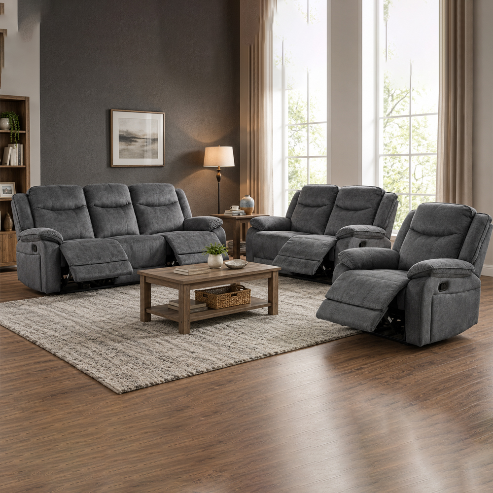 Arvelo Fabric Manual Recliner Sofa Suite in Grey