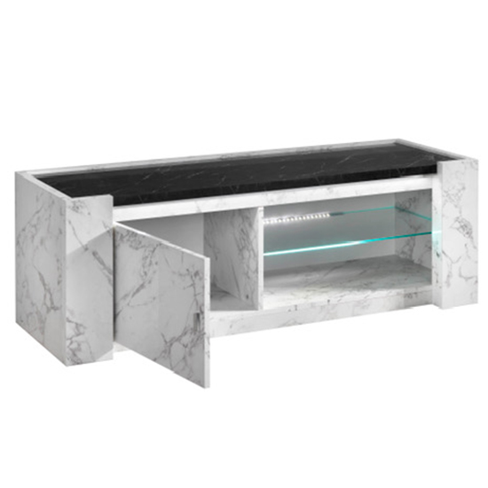 Attoria LED Wooden TV Stand In White And Black Marble Effect