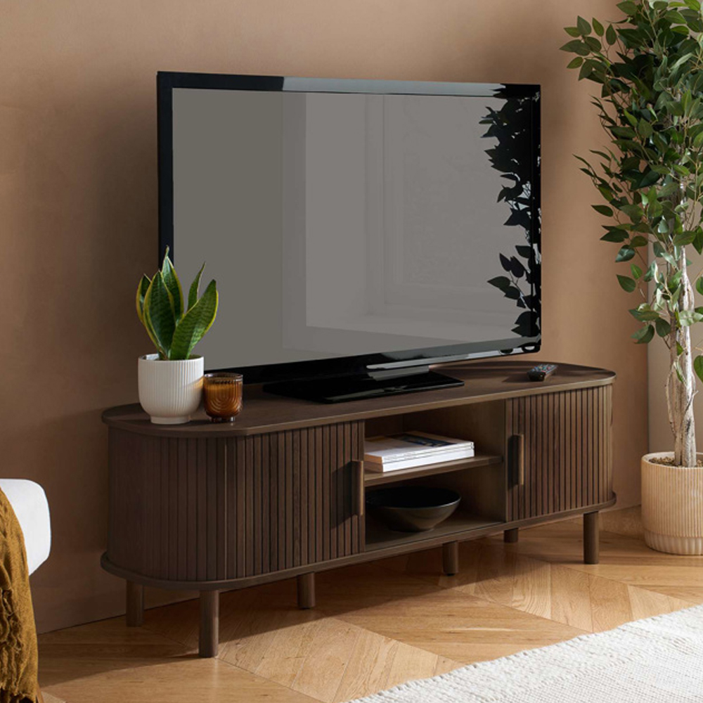 Avenel Wooden TV Stand With 2 Sliding Doors In Walnut