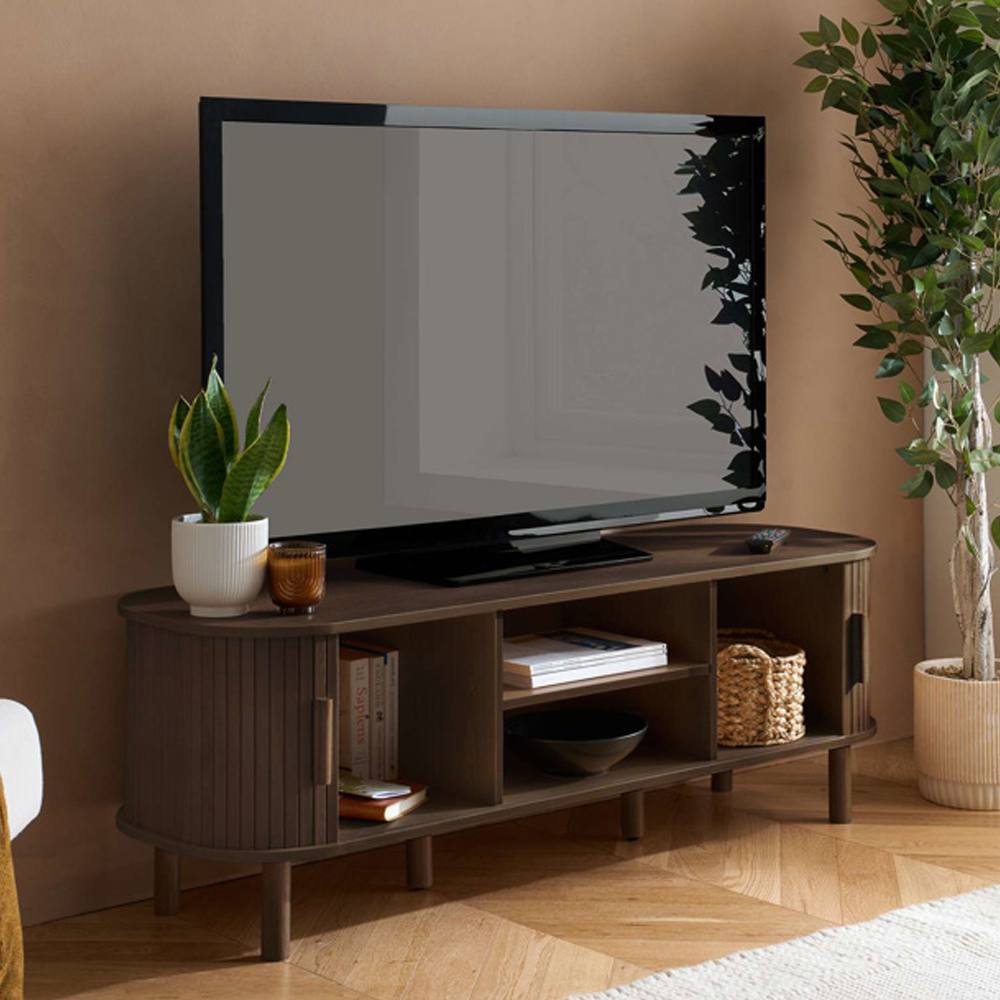 Avenel Wooden TV Stand With 2 Sliding Doors In Walnut