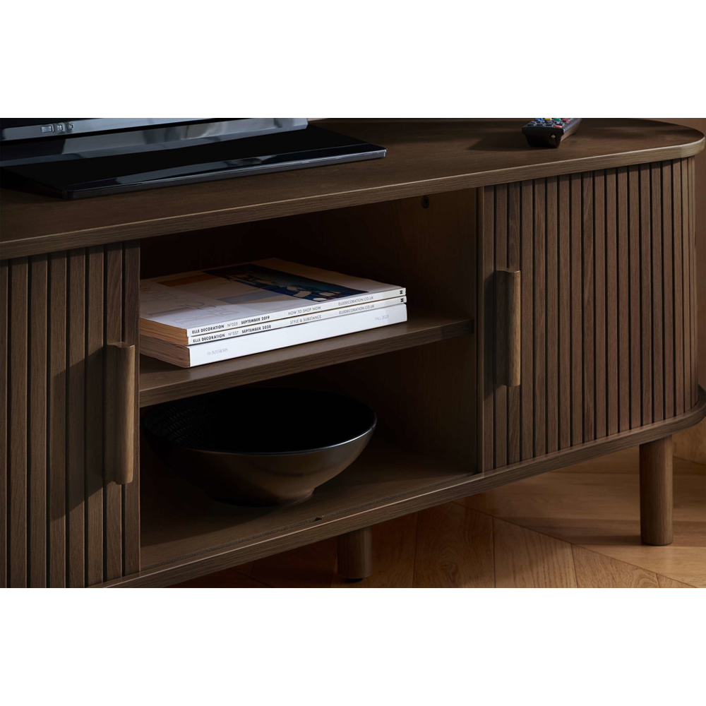 Avenel Wooden TV Stand With 2 Sliding Doors In Walnut