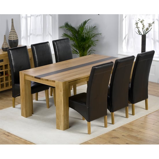 View Beatrice oak dining table with walnut strip and 6 leather chairs
