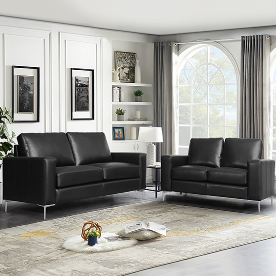 Product photograph of Baltic 3 2 Faux Leather Sofa Set In Black from Furniture in Fashion