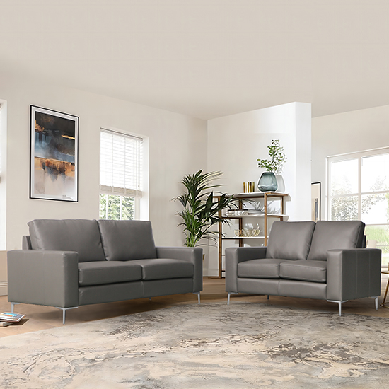 Baltic Faux Leather 3 + 2 Seater Sofa Set In Dark Grey