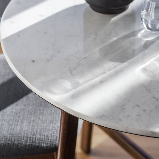 Barcela Wooden Round Dining Table With White Marble Top In Walnut