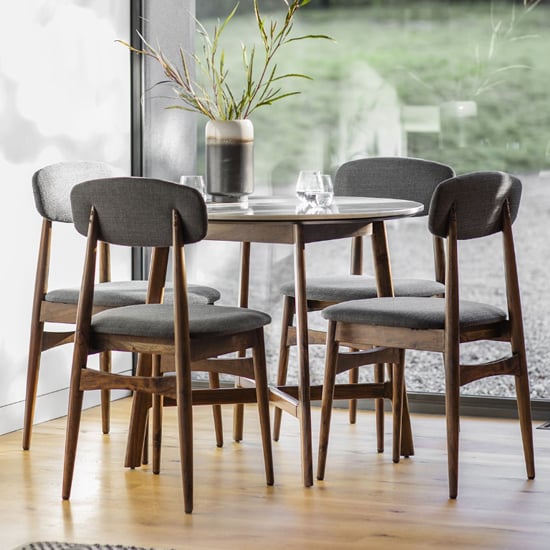 Barcela Wooden Round Dining Table With White Marble Top In Walnut