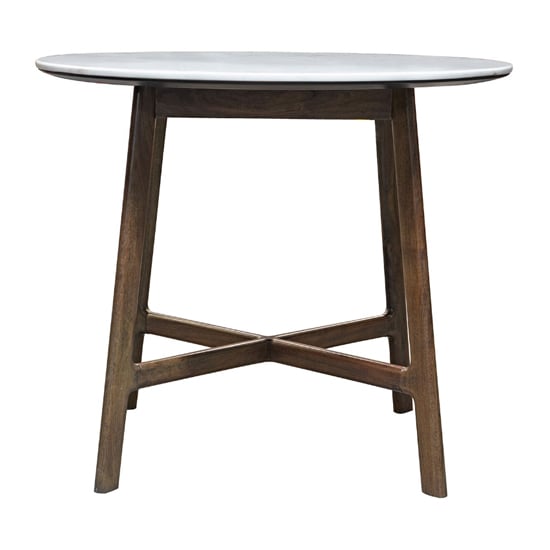 Product photograph of Barcela Round Dining Table With White Marble Top In Walnut from Furniture in Fashion