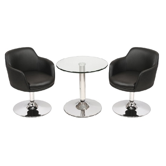 Belize Glass Bistro Table In Clear And 2 Black Bucketeer Chairs