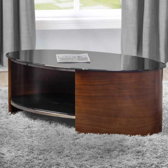 Read more about Bent wood coffee table oval in black glass with walnut