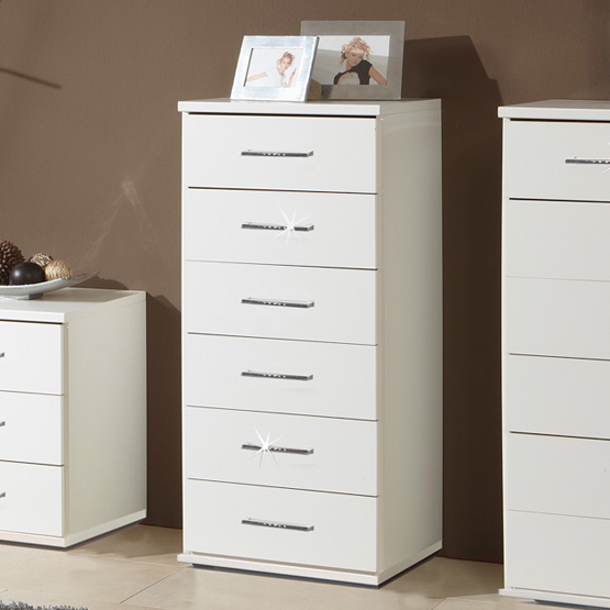Florence 6 Drawer Tallboy Chest In White With Diamante Furniture